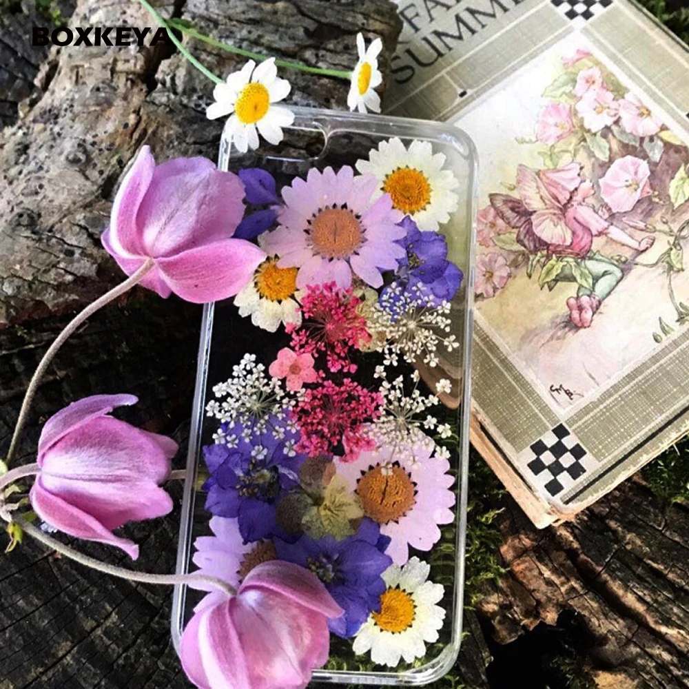 Koop Clear Telefoon Case Voor iPhone X Fashion Echte Gedroogde Bloem Gevallen Lovley Bloemen Back Cover Voor iPhone X 8 Plus 6 7 Plus 5 s Fundas