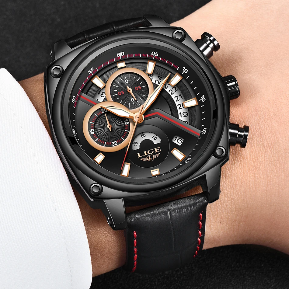 

Watch Men LIGE Top Brand Luxury Chronograph Creative Square Quartz Men Watches Leather Waterproof Sport Wristwatch Reloj Hombre