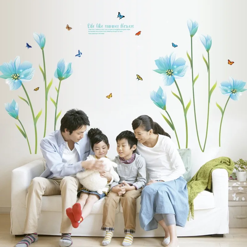 

& 3D Blue Lily Flower butterfly wall Sticker Mural dly Living Room Bedroom Sofa Background Wall art Home Decoration Wall Decals