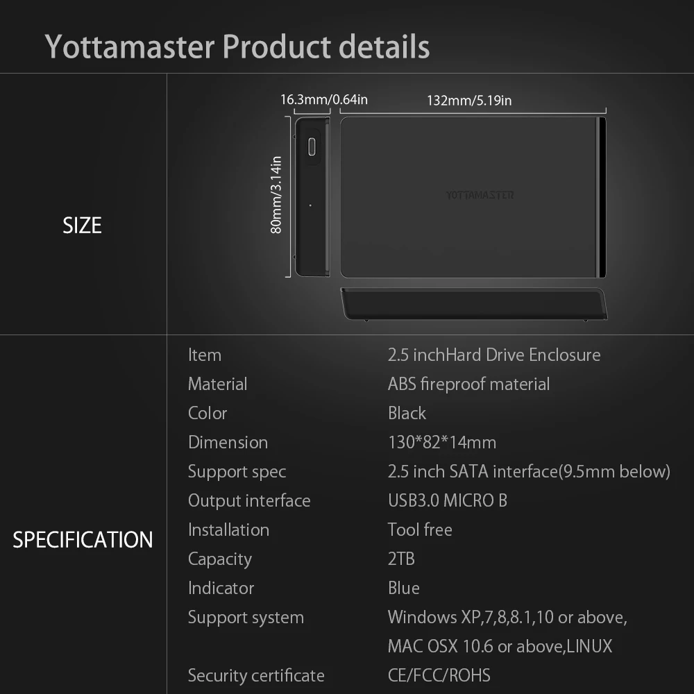 Yottamaster инструмент бесплатно 2,5 дюймов SATA к USB 3,0 внешний жесткий диск Корпус HDD для 9,5 мм 7 мм HDD и SSD