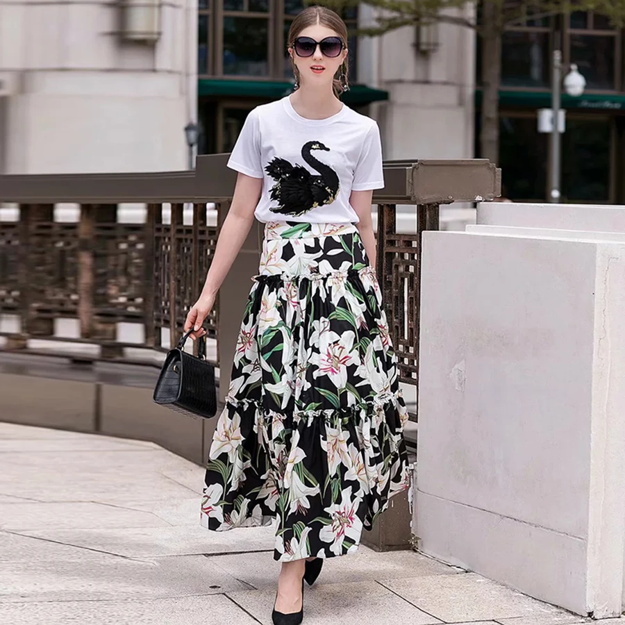 

VERDEJULIAY Women Set 2020 Summer New Fashion Embroidery Swan Crystal White Cotton T shirt + Romantic Lily Flower Print Skirt