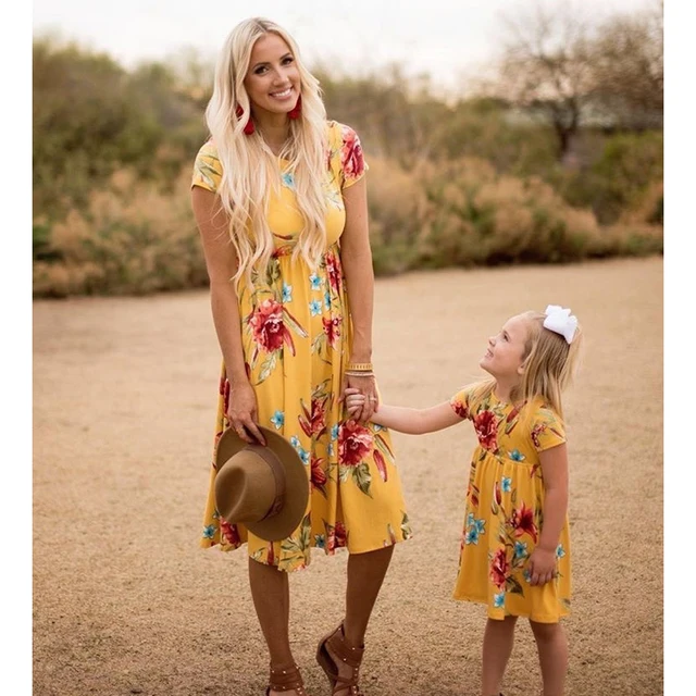 Mother Daughter Dresses Casual Short Sleeve Mommy And Me Clothes Floral Print Family Matching Clothes Dresses