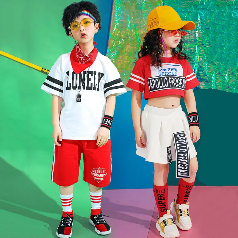 

Kids Jazz Dance Costume Printing Red White Street Dance Stage Performance Clothing Child Cheerleader Hiphop Rave Outfit DC2179