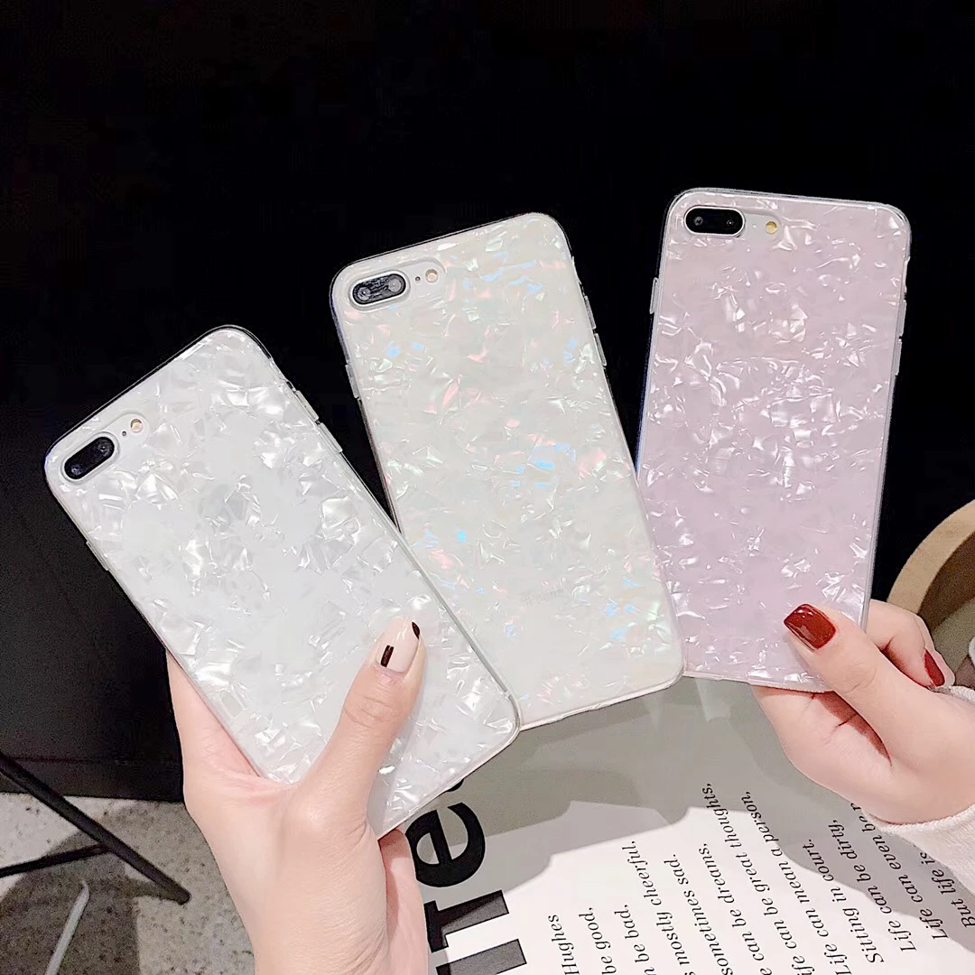 

Glitter Bright Sea Shell Marble Back Case Cover For Apple iPhone XR XS Max X 6S 7 8 Plus Glossy Hard Skin
