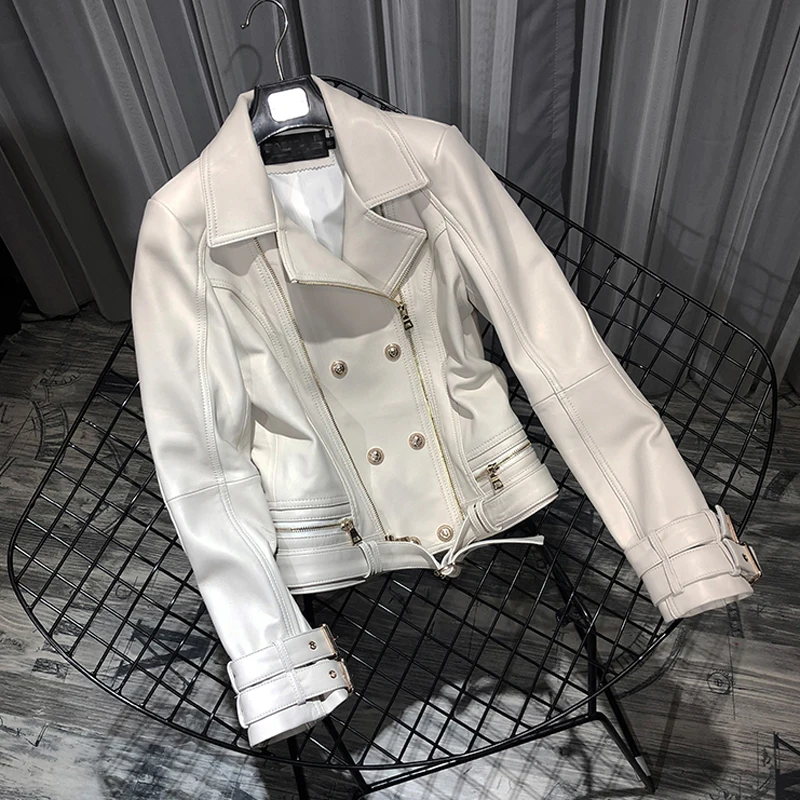

2019 Spring Autumn New Fashion Buttons Genuine Leather Women Short Sheepskin Jackets Real Leather Jacket Coat White Black W1782
