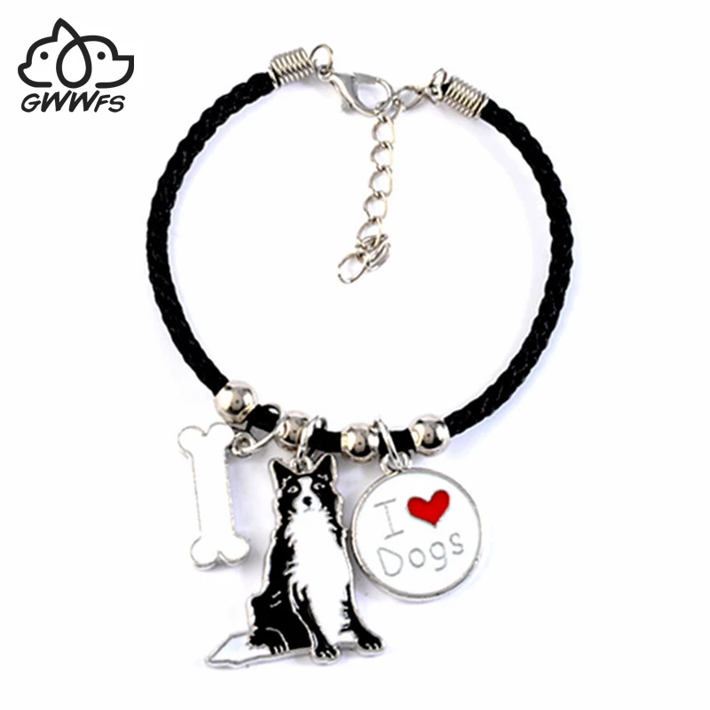 

Border Collie charm bracelets bangles for men women girls silver color alloy rope chain male female animal bracelet bijoux femme