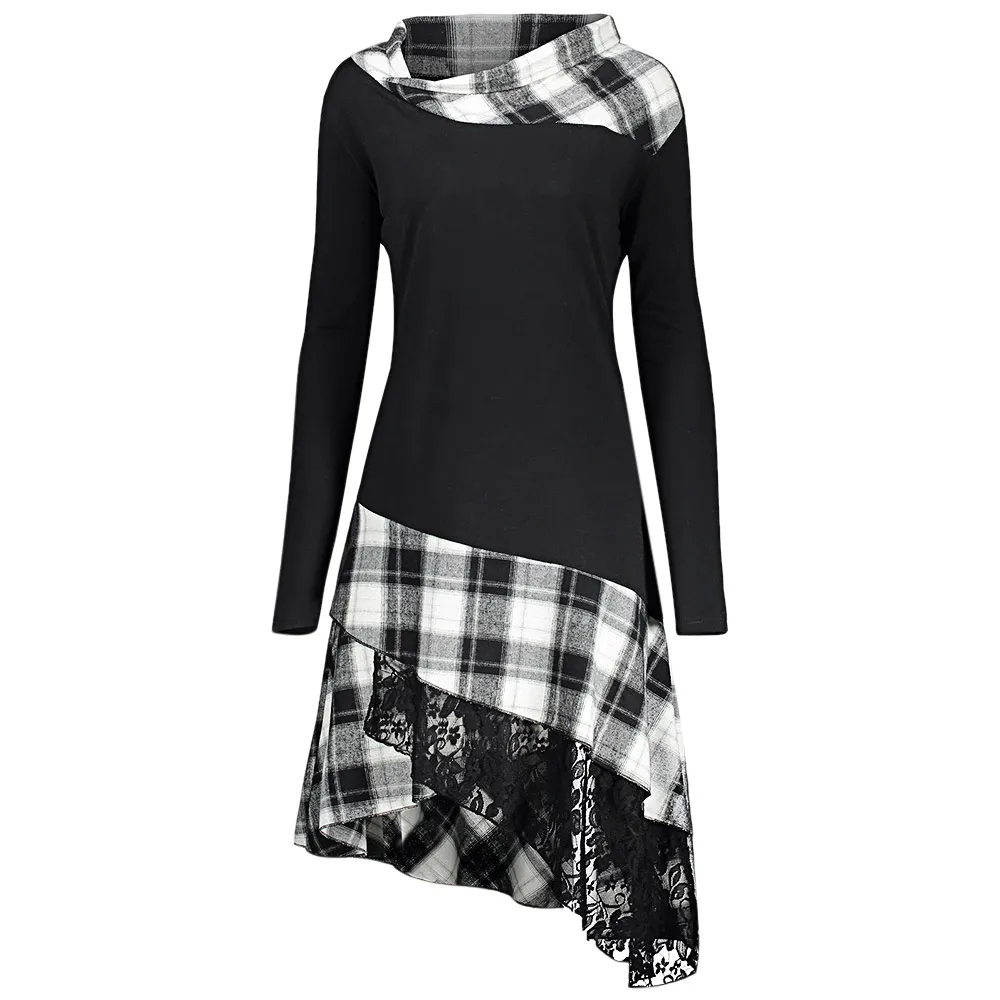 

New Plus Size Plaid Spliced Lace Women Dress Casual Straight Stand Collar Long Sleeve Dresses Female Vestido 2018 Fall Dresses