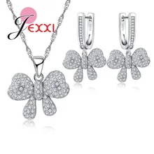 Счастливый праздник комплект ювелирных изделий Сладкая женщина ожерелье с бантиком серьги Мода Стразы кулон 925 пробы серебро
