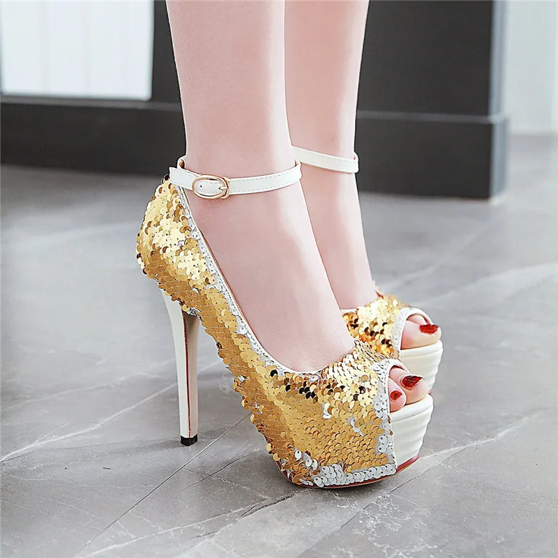 YMECHIC цвета: золотистый, серебристый с открытым носком женские туфли на каблуке на праздники и свадьбы; для невест обувь Bling Блеск Платформа ремешок на щиколотке