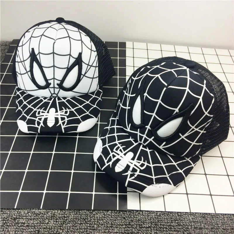 Популярная бейсболка с изображением героев мультфильма «Человек-паук», детская шапка в стиле хип-хоп для мальчиков и девочек, черно-белая шапка для костюмированной вечеринки «Человек-паук»