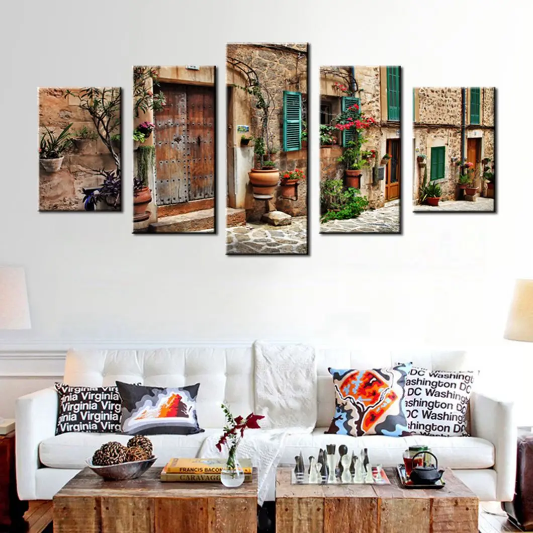 

Wall Art Street Of Old Mediterranean Town Flower Door Windows Painting Picture Print On Canvas Architecture Photo For Home Decor