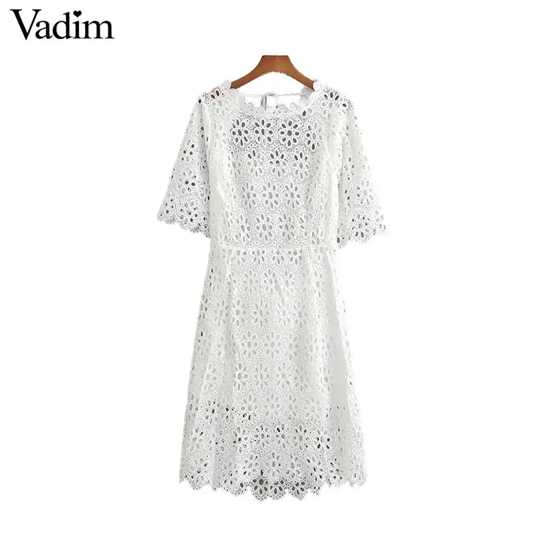 

Vadim women elegant embroidery midi dress hollow out bow tie half sleeve female sweet mid calf dresses QB910