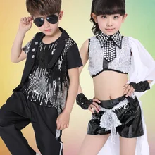 Черного цвета с блестками для детей для маленьких мальчиков и девочек в стиле «хип одежда для хип-хопа костюмы в стиле джаз сценический танцевальный зал состязание для детей, в стиле хип-хоп одежда