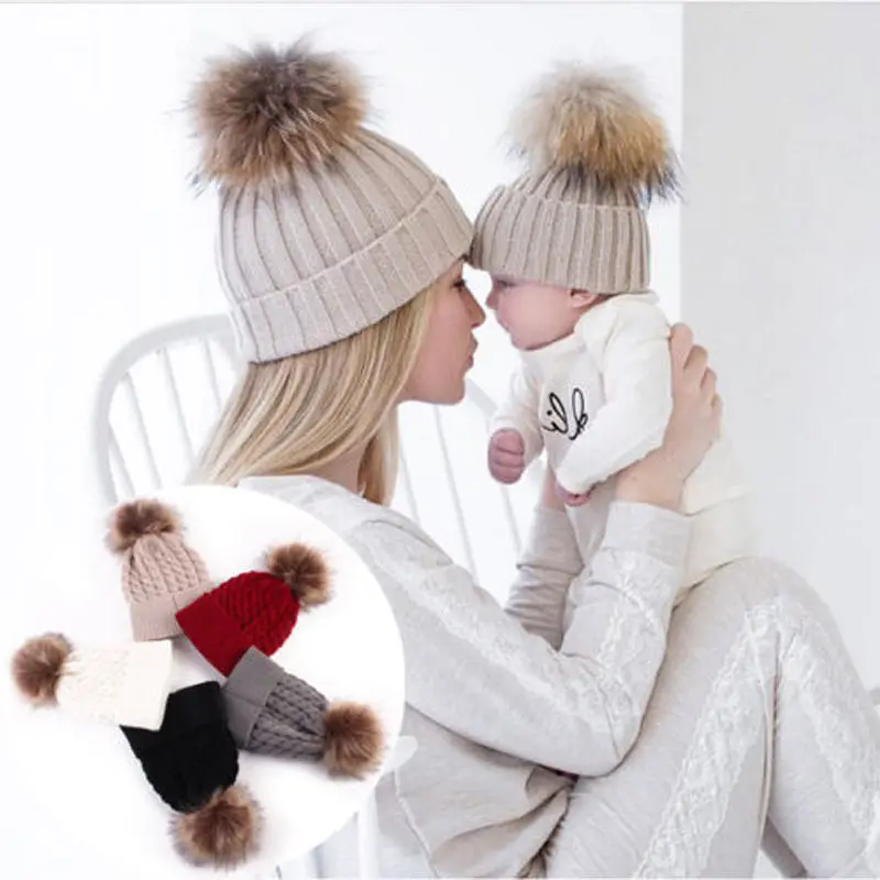 

Wool cap 2Pcs Mother Kid Baby Child Warm Winter Knit Beanie Fur Pom Hat Crochet Ski Cap