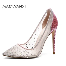 Women Pumps Big Size Shoes Pink Crystal Bling Mesh Transparent High Thin Heels Pointed Toe Fashion Party Sexy Slip-On Shallow Women Pumps Big Size Shoes Pink Crystal Bling Mesh Transparent High Thin Heels Pointed Toe Fashion Party Sexy Slip-On Shallow