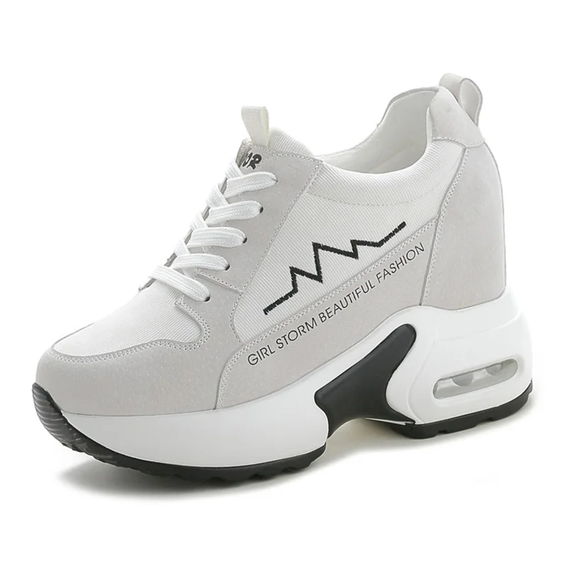 Обувь, увеличивающая рост на 10 см; женские кроссовки из натуральной кожи на танкетке; коллекция года; Модные женские кроссовки; Цвет черный, белый; A1137 - Цвет: Белый