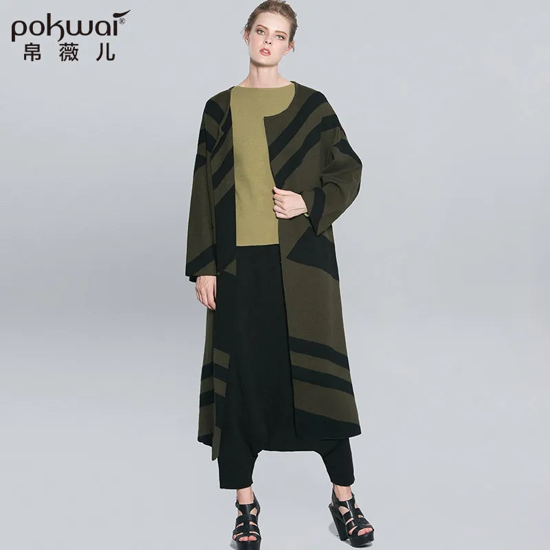 

POKWAI Quality Women Loose Long Knitted Sweater Cardigans Autumn Winter Long Sleeve Striped Sweater Casual Out Wear Jacket Coat