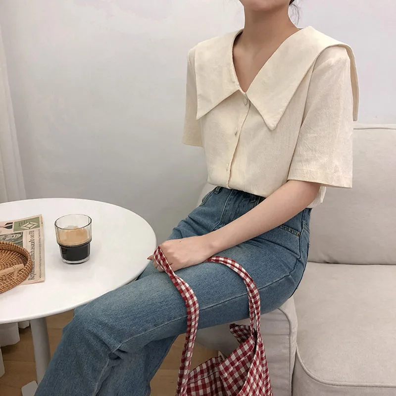  2019 New Korean Preppy Style Turn-down Collar Short Sleeve Shirt Women Summer Small Fresh Blouse Wo