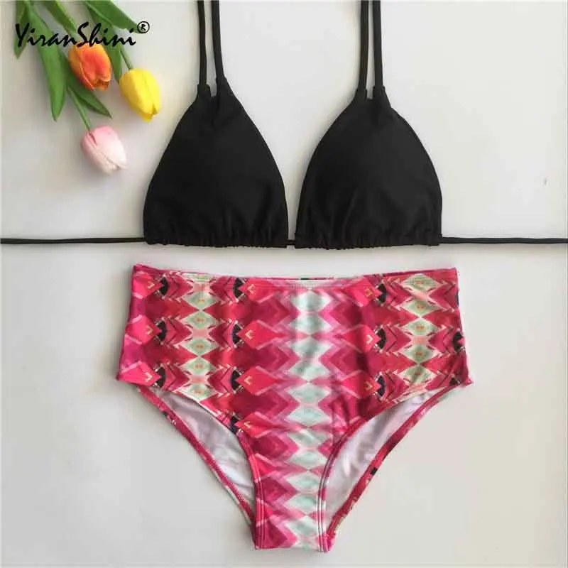 

YIRANSHINI 2018 Summer High Waist Bikini Bra Bralette Swimwear 2 Pieces Beach Bathing Suits Sexy Black Backless Bikini Swimsuit