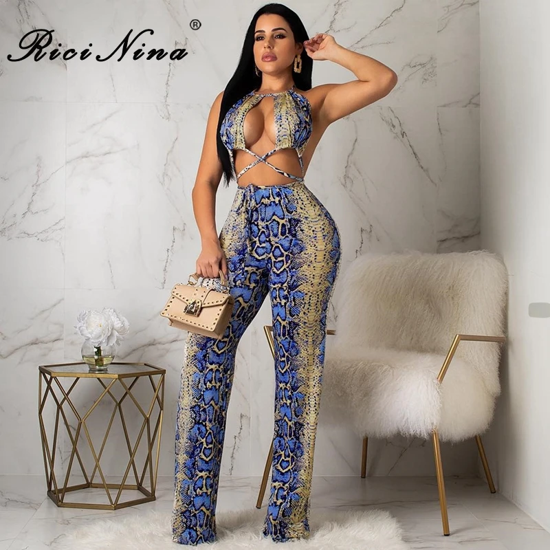 

RICININA 2019 Ladies Jumpsuits Women Halter Backless Bandage Snake Skin Print Rompers Women Summer Sexy Club Party Jumpsuits