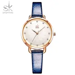 SK синий кожаный часы Для женщин Мода Повседневное Кварцевые часы Lady Relojes Mujer Для женщин Наручные часы платье для девочек Подарки простые