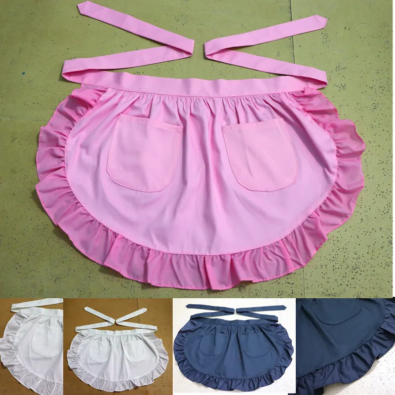 

White Half Waist Bistro Restaurant Cotton Ruffle Apron Women Kitchen Cooking Avental de Cozinha Apron with Pockets BA013