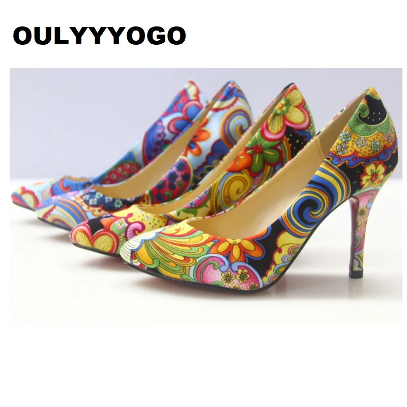 

OULYYYOGO Spring & Summer Shallow Mouth Comfortable Women's Shoes Pointed Toe Ethnic Style High Heels Female Pumps Print Fabric