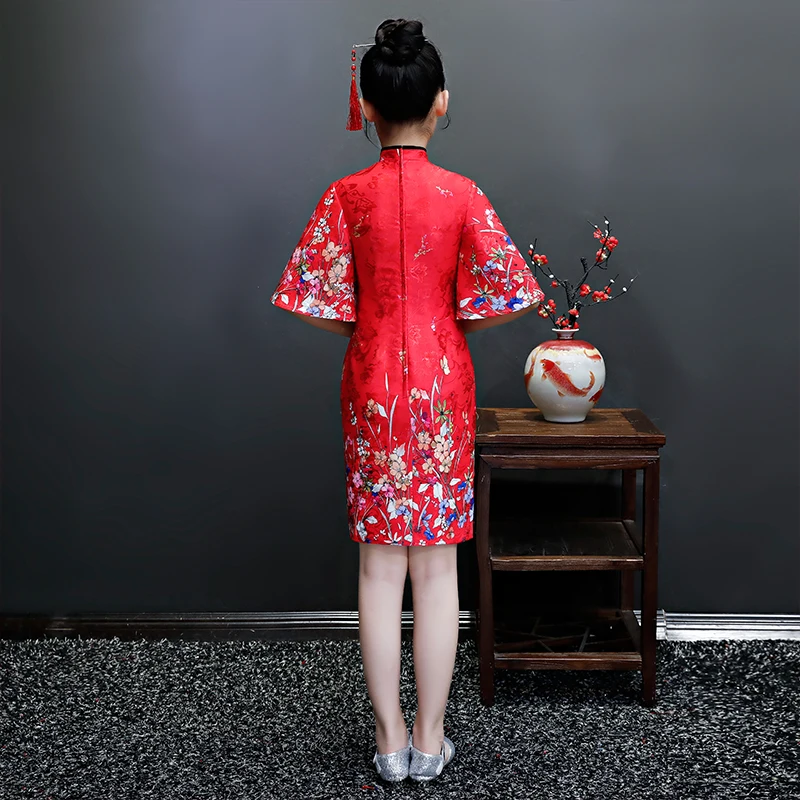 Китайское традиционное платье Ципао костюм для выступлений для девочек детское платье для игры на фортепиано милые элегантные вечерние платья с высоким воротом и расклешенными рукавами