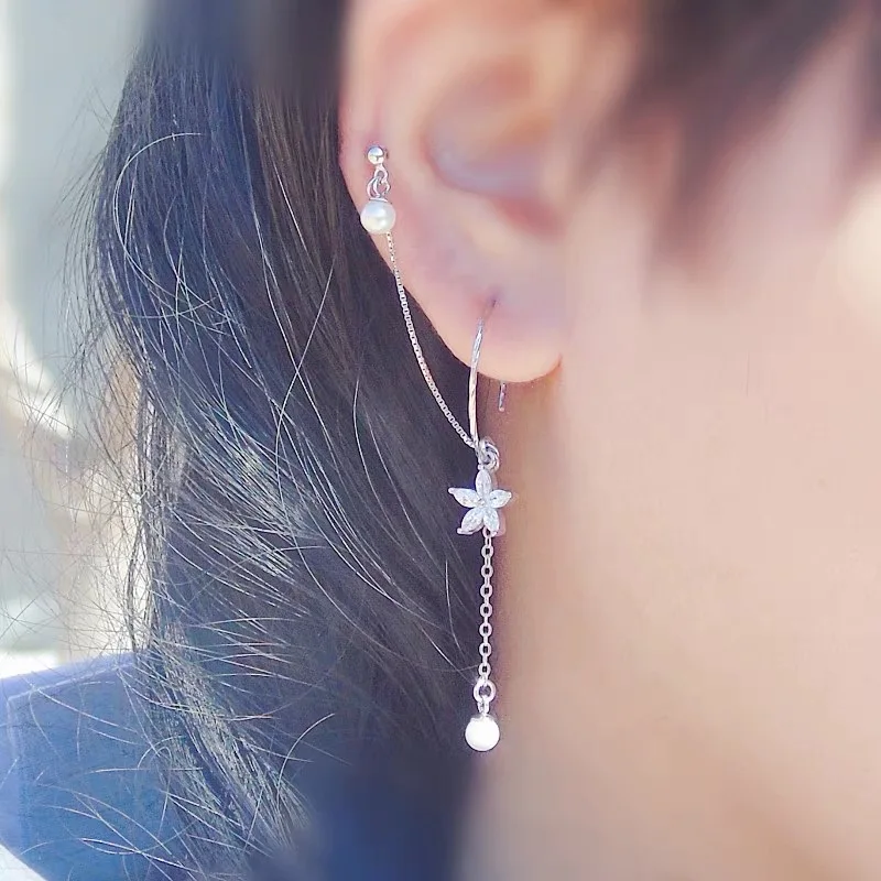 

New 925 sterling silver earrings double ear hole petal ear hook ear chain earrings personality two ear hole female ear jewelry