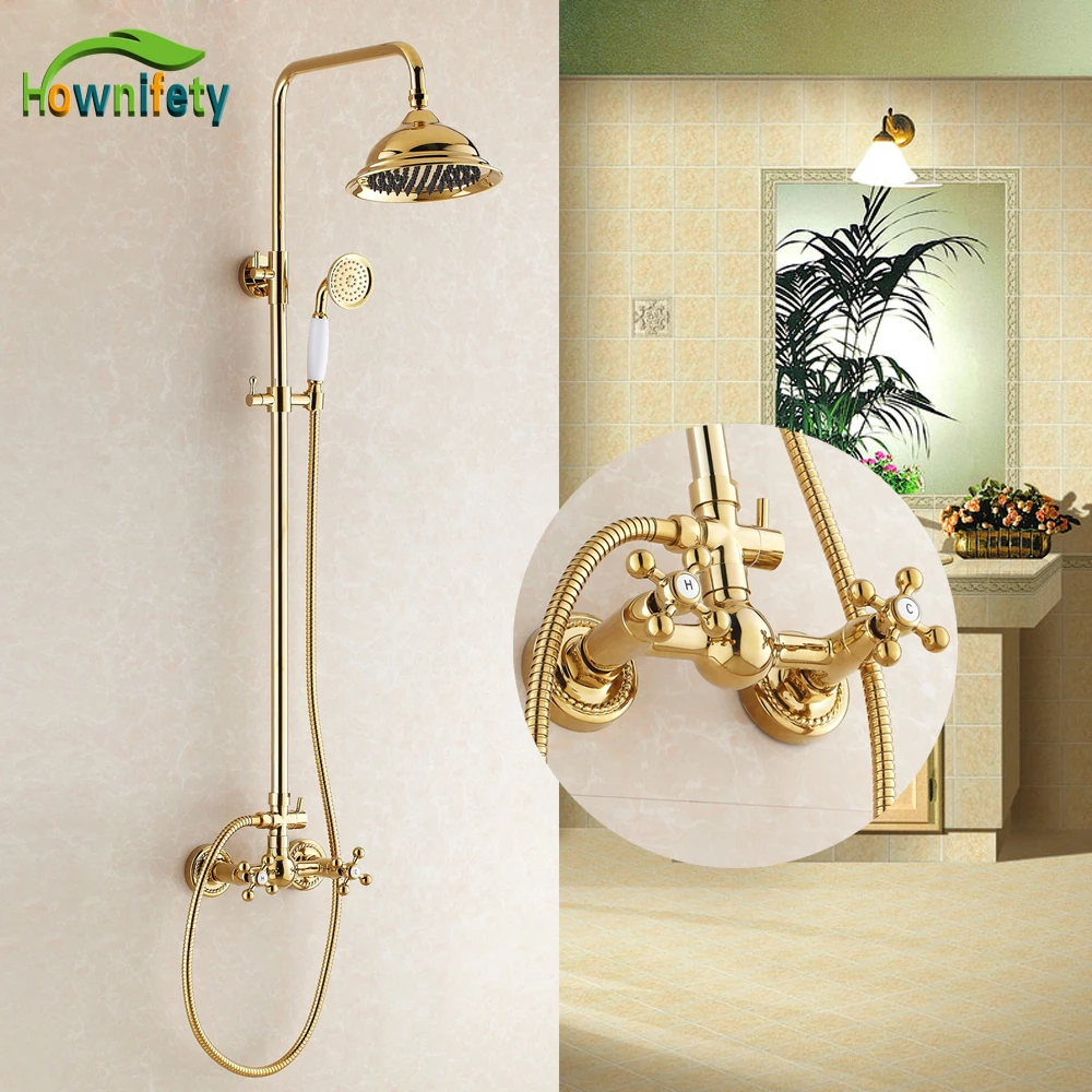 Luxury Gold Finish Bathroom Rainfall Shower Set Faucet Brass Round Shower Head In Shower Faucets 