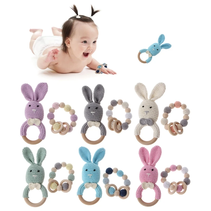 

2Pcs/Set Baby Wooden Teether Bracelet Crochet Bunny Teething Ring Chewing Toy