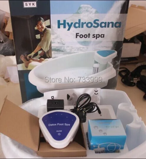 Hydrosana foot spa включает синий контроллер, тазик для ног, адаптер питания и ионный массив