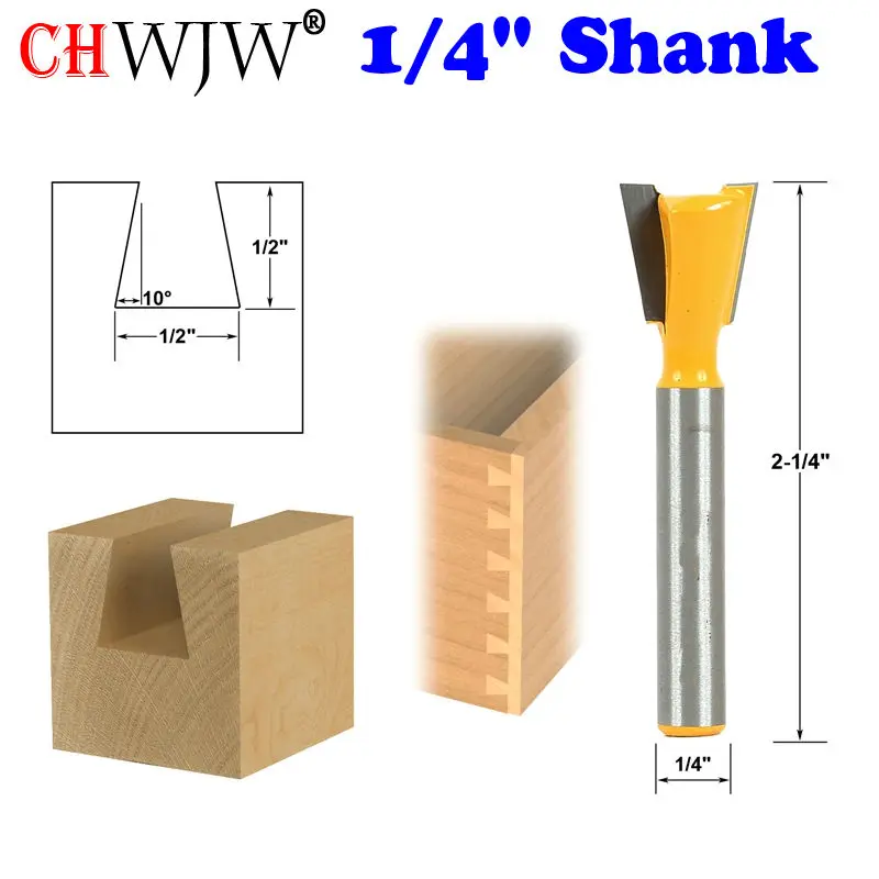 

10 Degree 1/2" Dovetail Joint Router Bit - 1/4" Shank - Chwjw 14111q