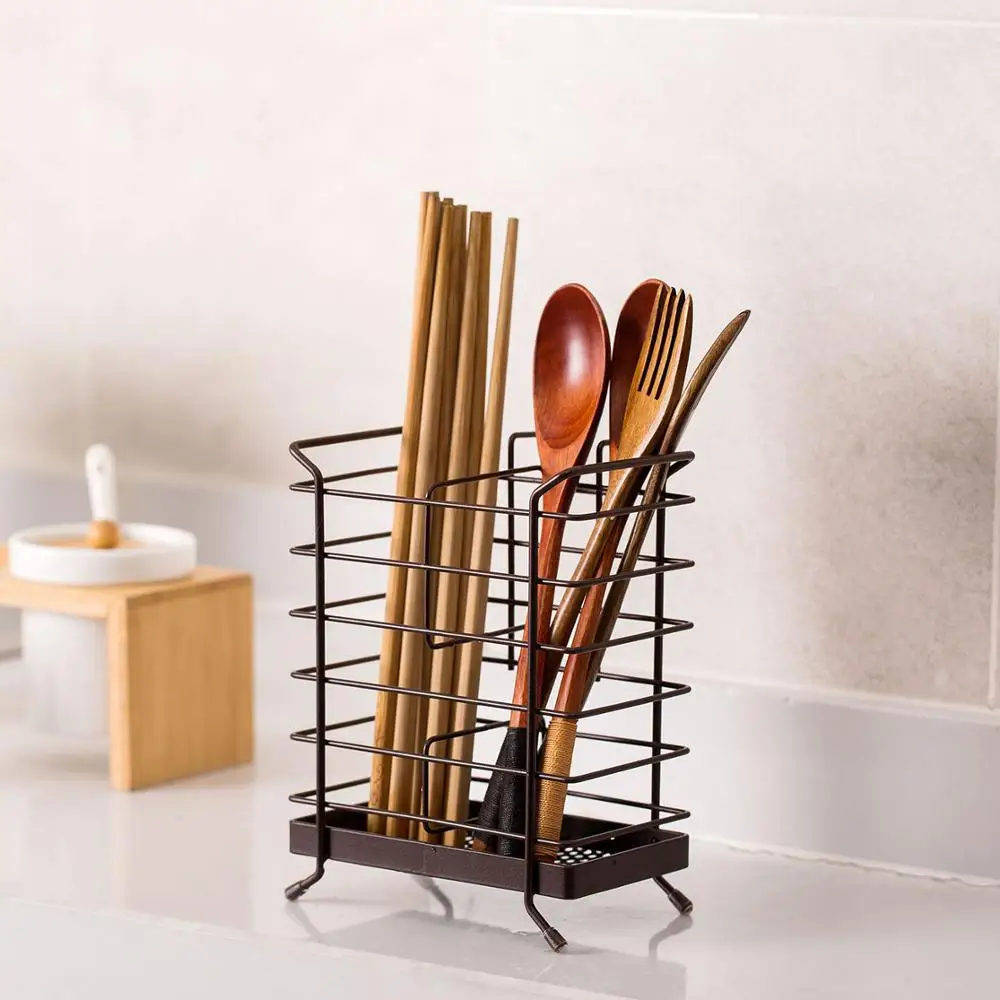 Iron Double Grid Chopsticks Drain Cage Spoon Fork Storage Rack Cutlery Organizer Holder Multifunction Home Kitchen Accessories
