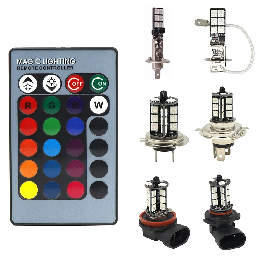 

1Set H1 H3 H4 H7 H11 9005 9006 RGB LED Auto Car Headlight 5050 LED Fog Light Head Lamp Bulb With Remote Control Headlight 12v