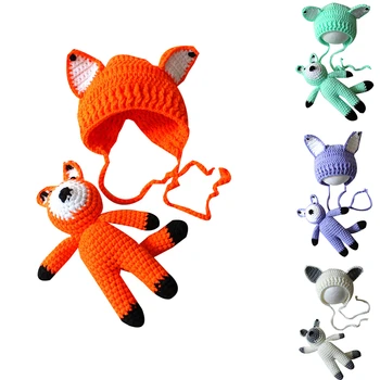 

Fox Doll+Hat 2pcs Sets Baby Infant Photography Clothing Props Handmade Knitted Fox Cap Toy Newborn Pictures Accessories Bonnet