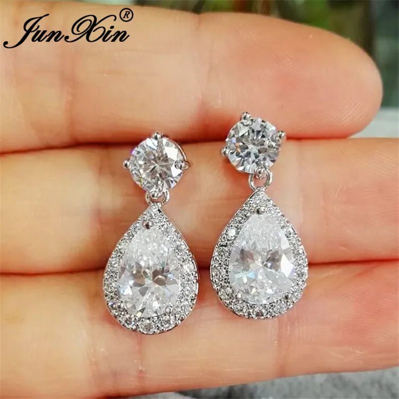 

JUNXIN Pear Cut Crystal Drop Earrings For Women 925 Sterling Silver Filled White Yellow Pink Green Blue Stone Teardrop Earrings