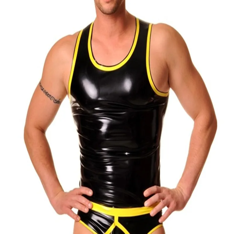 Латексная майка черная с желтой отделкой латексные резиновые костюмы ...