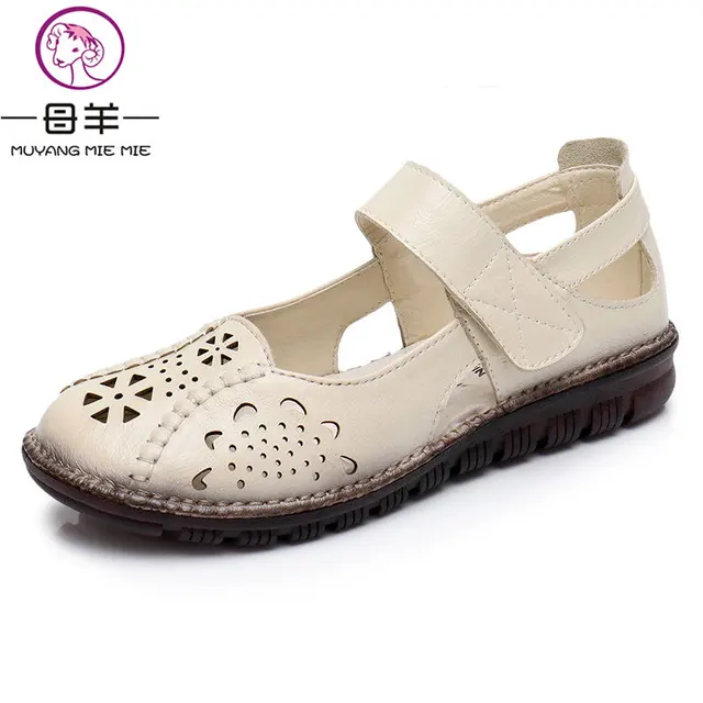  MUYANG MIE MIE Genuine Leather Breathable Soft Flat Sandals Summer Women Shoes Woman Casual Solid Buckle Strap Women Sandals