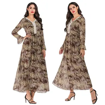 

Fashion Women V-Neck Chiffon Maxi Dress Print Floral Elegant Abaya Gown Ethnic Muslim Robe Dress Casual Islamic Clothing Dress