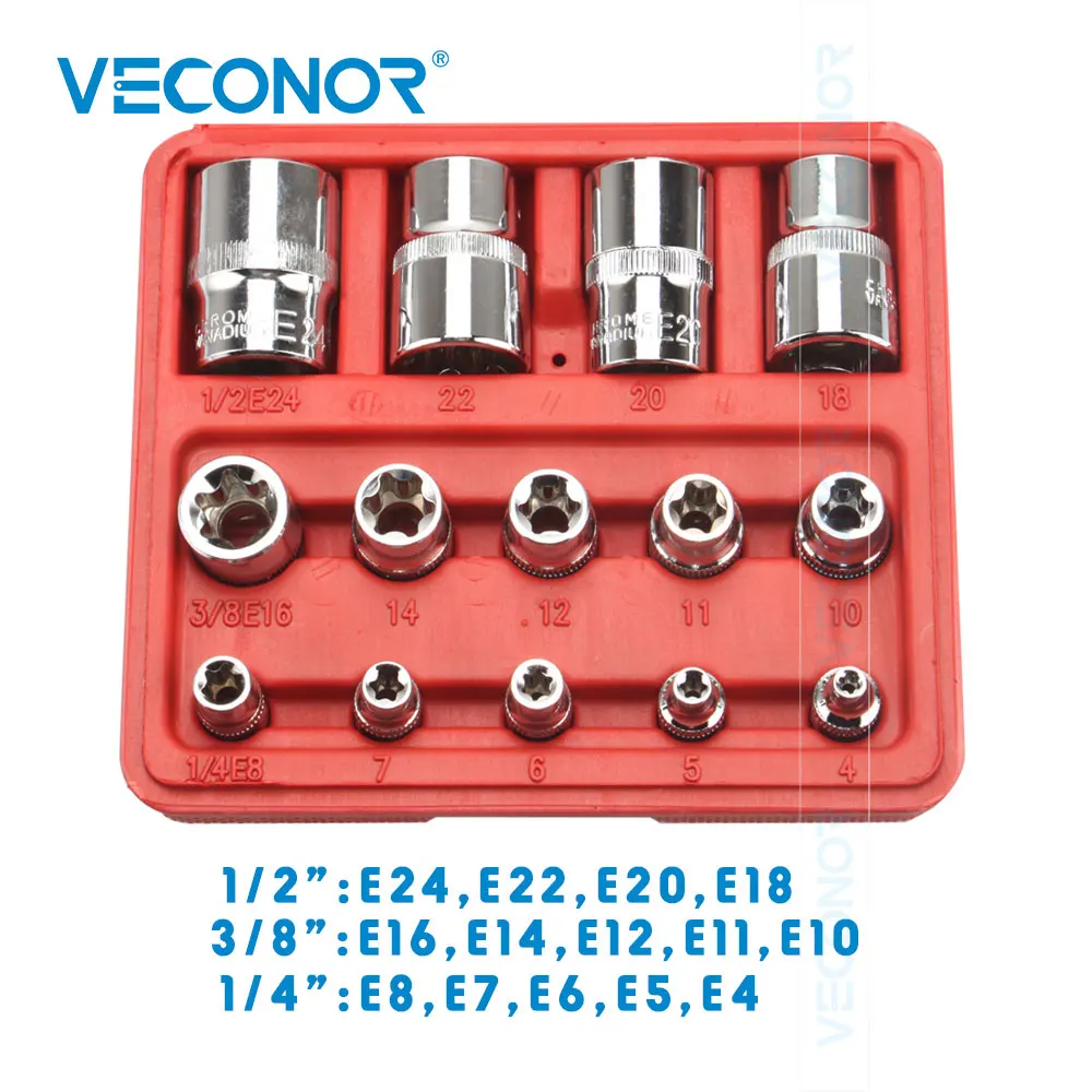 14 шт. 1/4 &quot3/8&quot 1/2 &quotПривод E розетки типа Torx Star Socket Bits Kit автозапчасти ручные