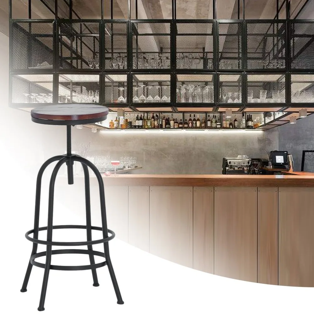 Adjustable Height Metal Vintage Bar Stool Wood Top Industrial Seat Kitchen Dining Chair Pipe Style Bar Stools Home Furniture
