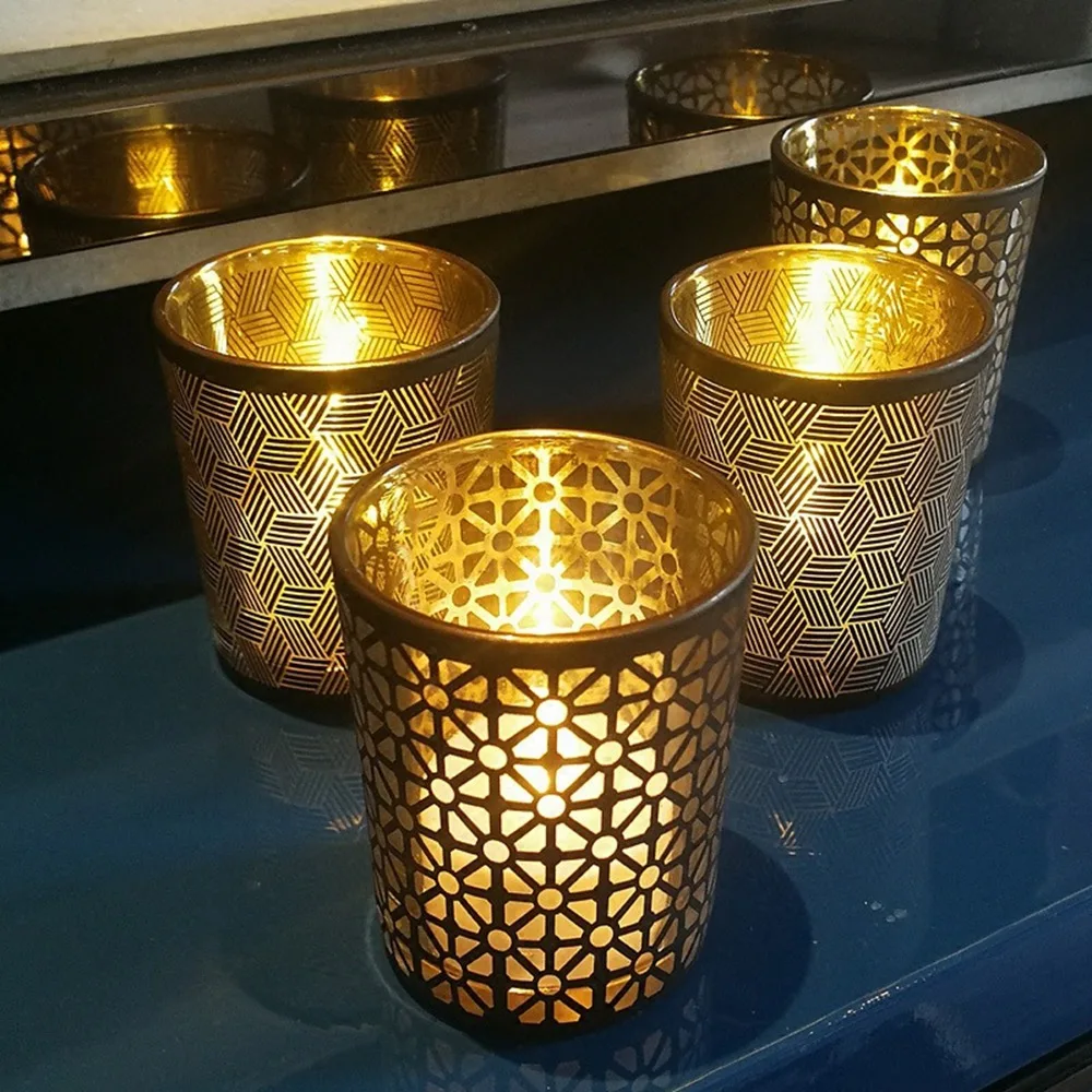 6pcs Votive Glass Candles Holder Set Black Gold Lattice Line Style Art Candlestick Tealight Candle Holder Wedding Home Decor