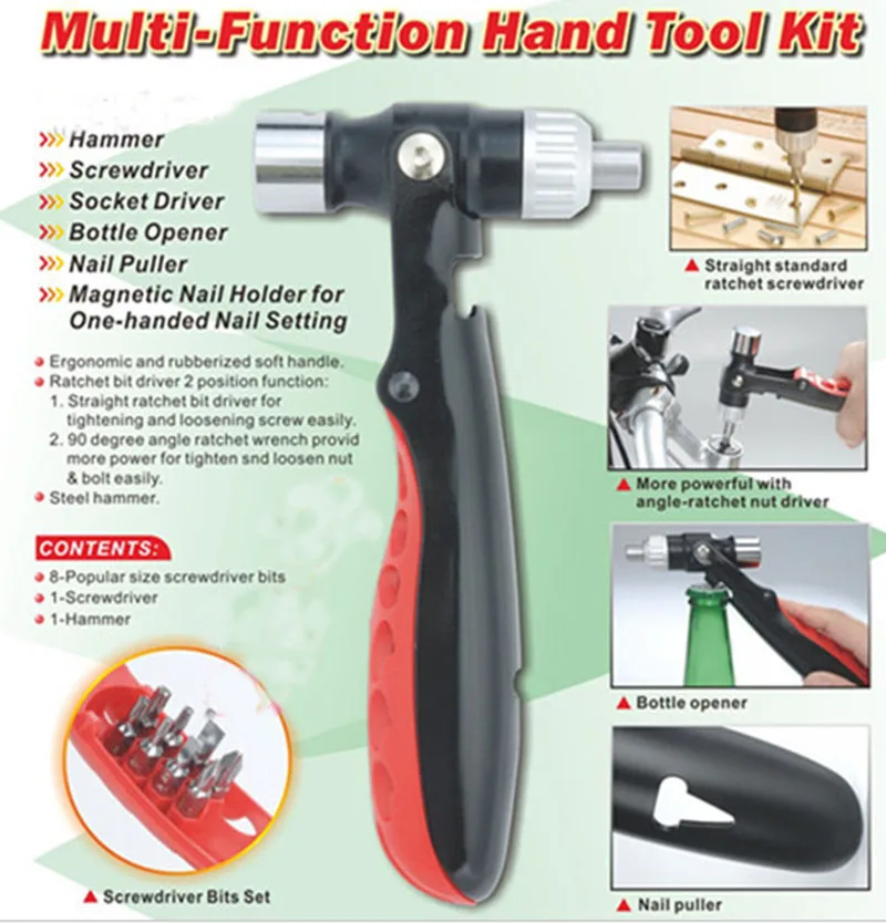 

Multi function hand tool kit Functional safety hammer ratchet screwdriver head sleeve combination tool nail opener