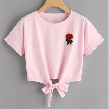 

Summer T-shirts Girls Fashion Sweet Short Sleeve T-shirt Women Casual Slim Tees Rose Embroidery tshirt Womens Crop Tops Bandage