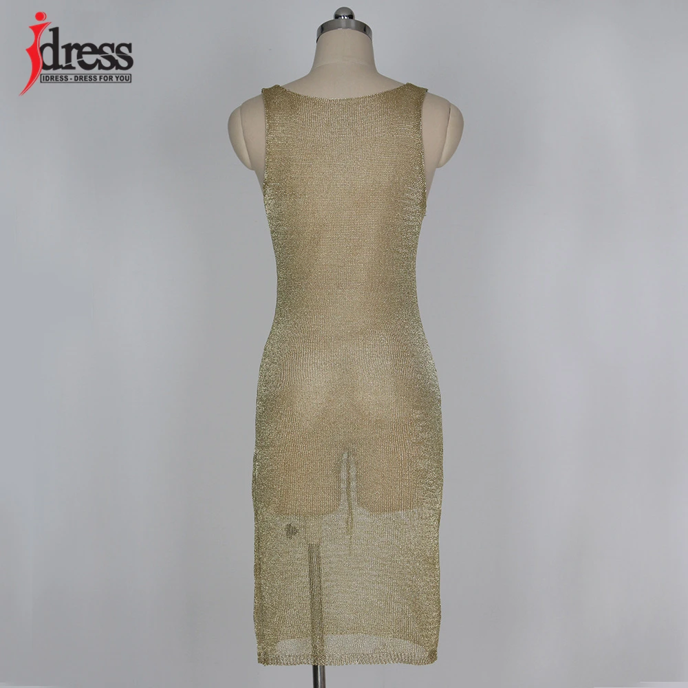 IDress Big Size Rose Gold Women Casual Sleeveless Hollow Out Golden Women Beach Dresses Deep V Neck Lace Up Tank Dress Vestidos (3)
