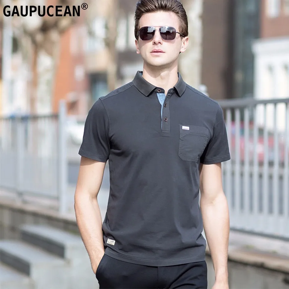 Cotton Men Polo Shirt Short Sleeve White Black Grey Patchwork Shoulder ...