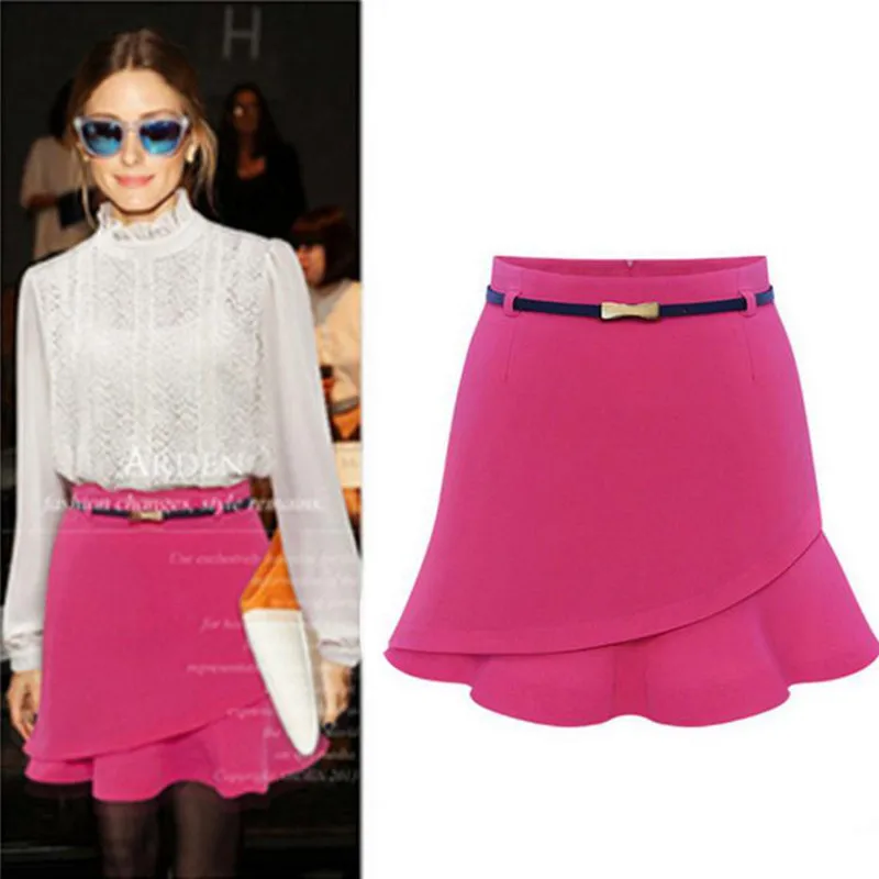WXCTEAM Pure Color Short Mini Skirt Women Summer High Waist Lotus Leaf Skirt Ladies Street Wear Slim Bottoms Saias No Belt
