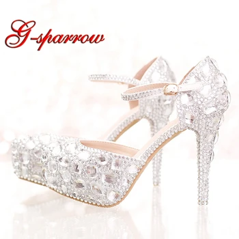 

Silver Rhinestone Bridal Wedding Dress Shoes Ankle Straps Round Toe Bride Shoes Platform Formal Dress Shoes Prom Party Pumps