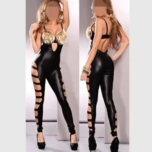 Сексуальный кожаный комбинезон Модный черный holet out комбинезон для женщин заклепки золотистый комбинезон Горячая Мода комбинезон